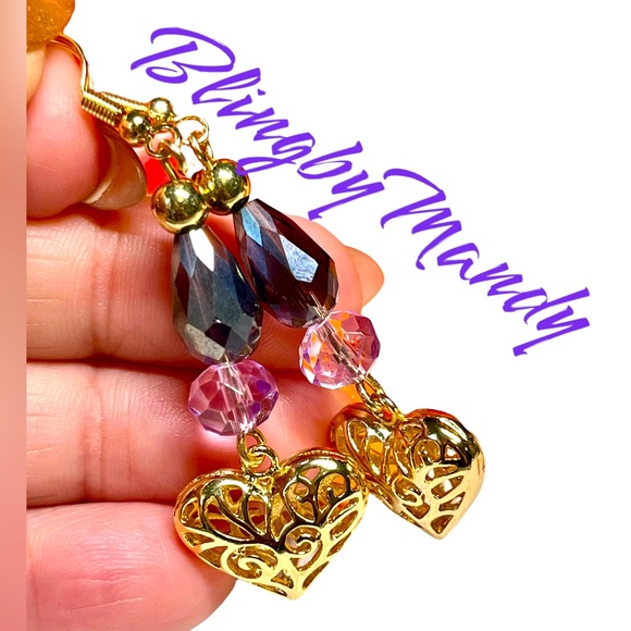 💕Stunning gold hearts with purple and black accented earrings - Picture 1 of 10